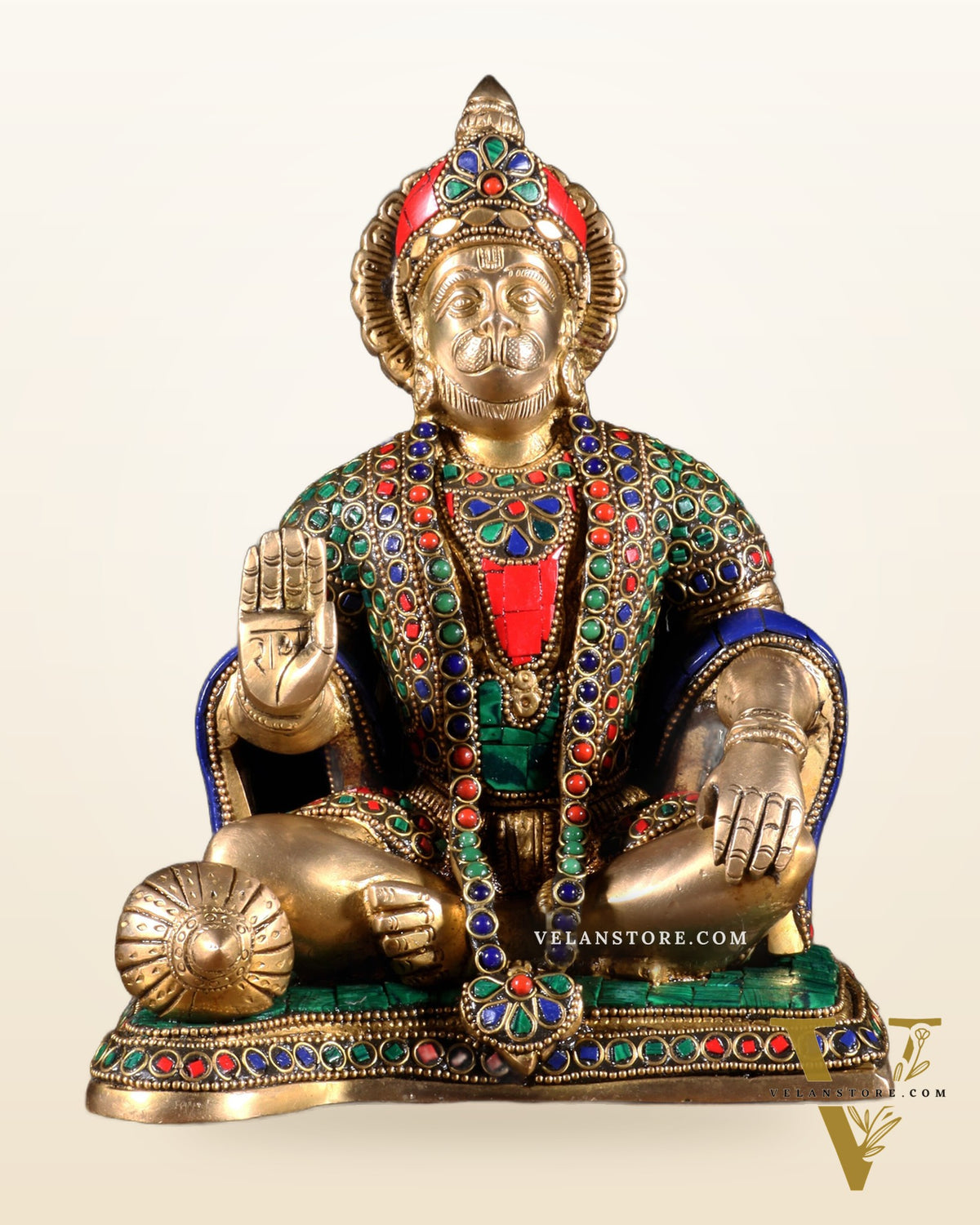 Hanuman ji Brass Idol 9.5" with stonework