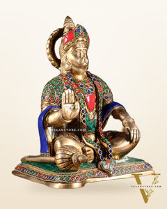 Hanuman ji Brass Idol 9.5" with stonework
