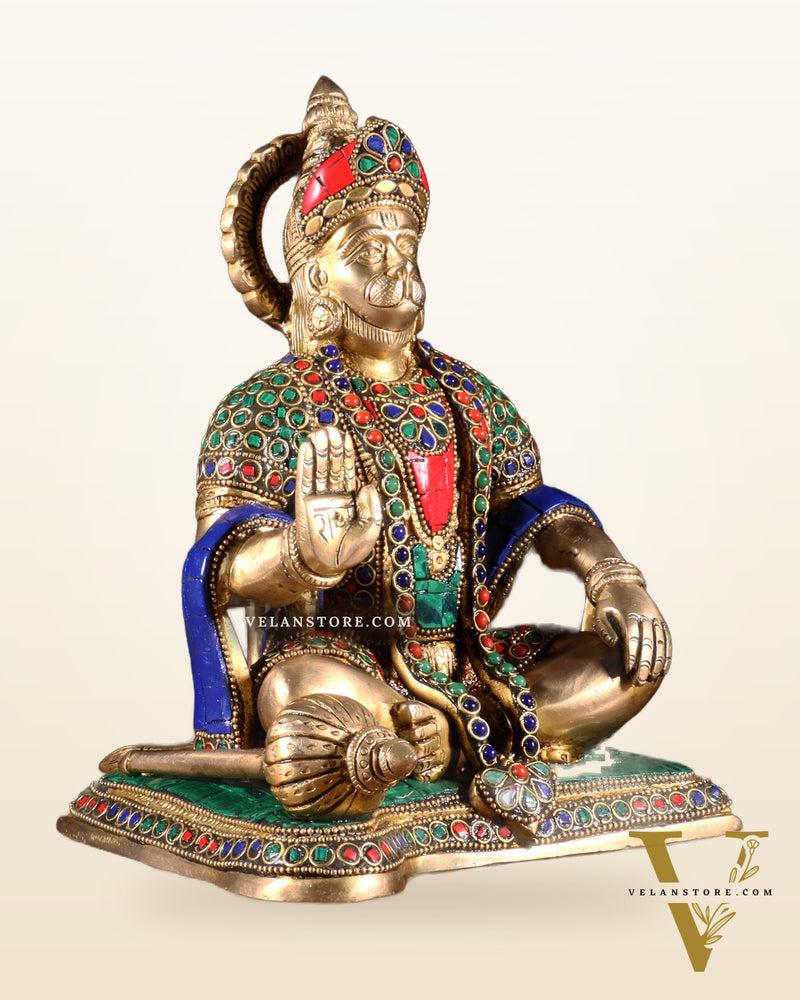 Hanuman ji Brass Idol 9.5" with stonework