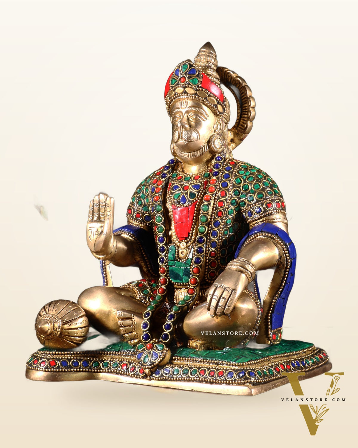 Hanuman ji Brass Idol 9.5" with stonework