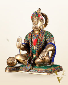 Hanuman ji Brass Idol 9.5" with stonework