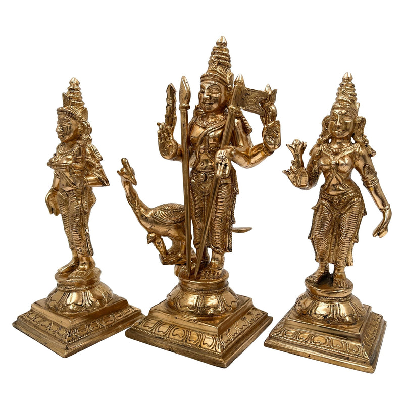Handcrafted Panchaloha Murugan with Valli and Devasena Idol | Bronze Subramanya Skanda Kumara Swamy Shanmukha Statue | South Indian Chola Art Sculpture          Ask ChatGPT,Gold, 7.5 Inch, 1 Piece