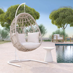 Saga Single Seater Hanging Swing With Stand For Balcony , Garden (Cream) Braided & Rope