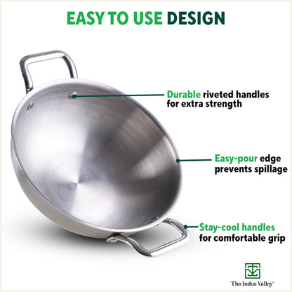 TurboCuk Tri-ply Stainless Steel Kadai, Premium 3 Layer Body, Induction, Non-stick, 1.7/2.7/4L