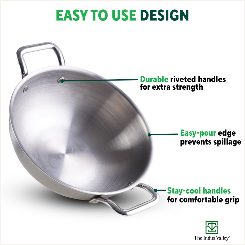TurboCuk Tri-ply Stainless Steel Kadai, Premium 3 Layer Body, Induction, Non-stick, 1.7/2.7/4L