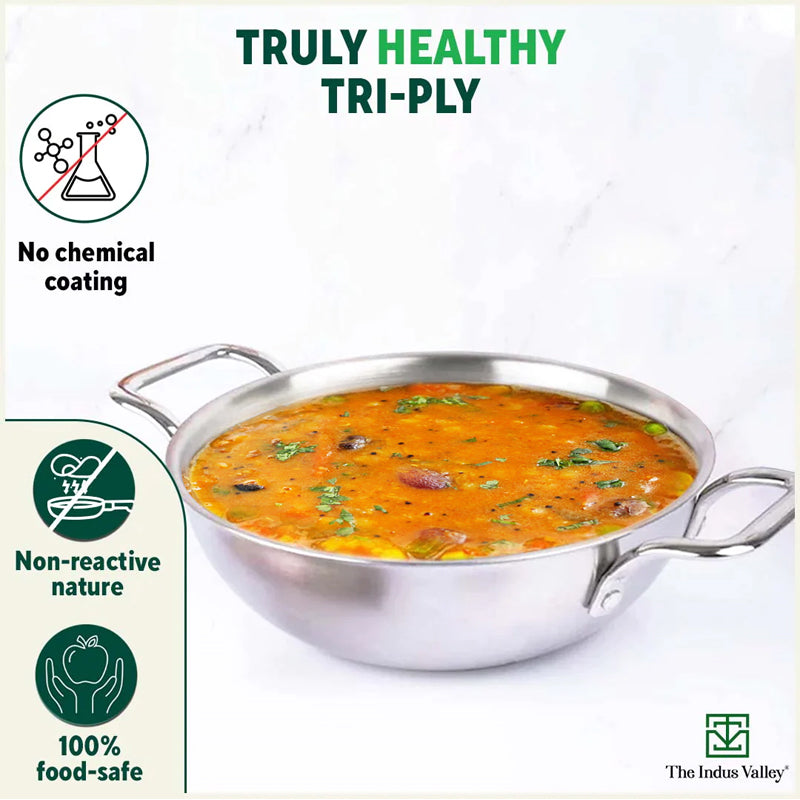 TurboCuk Tri-ply Stainless Steel Kadai, Premium 3 Layer Body, Induction, Non-stick, 1.7/2.7/4L