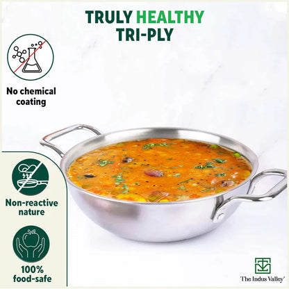 TurboCuk Tri-ply Stainless Steel Kadai, Premium 3 Layer Body, Induction, Non-stick, 1.7/2.7/4L