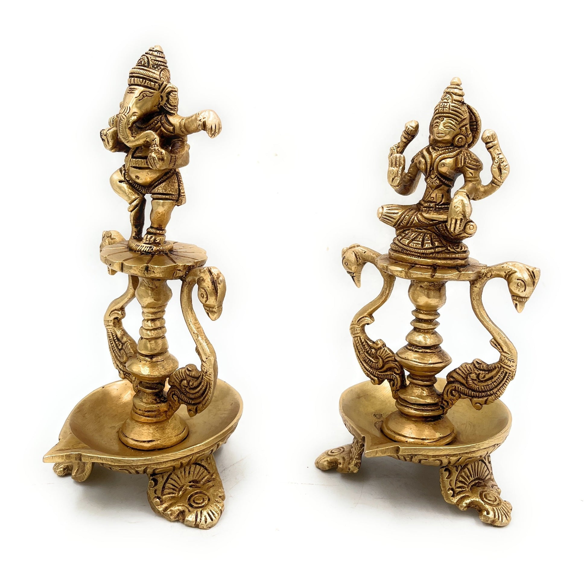 Bhunes Brass Ganesh Lakshmi Diya, Pooja Ganesha Laxmi Lamp, Deep, Deepam, Lamps For Home Temple Décor Set Of 2,Gold, 6.5 Inch, 1 Piece