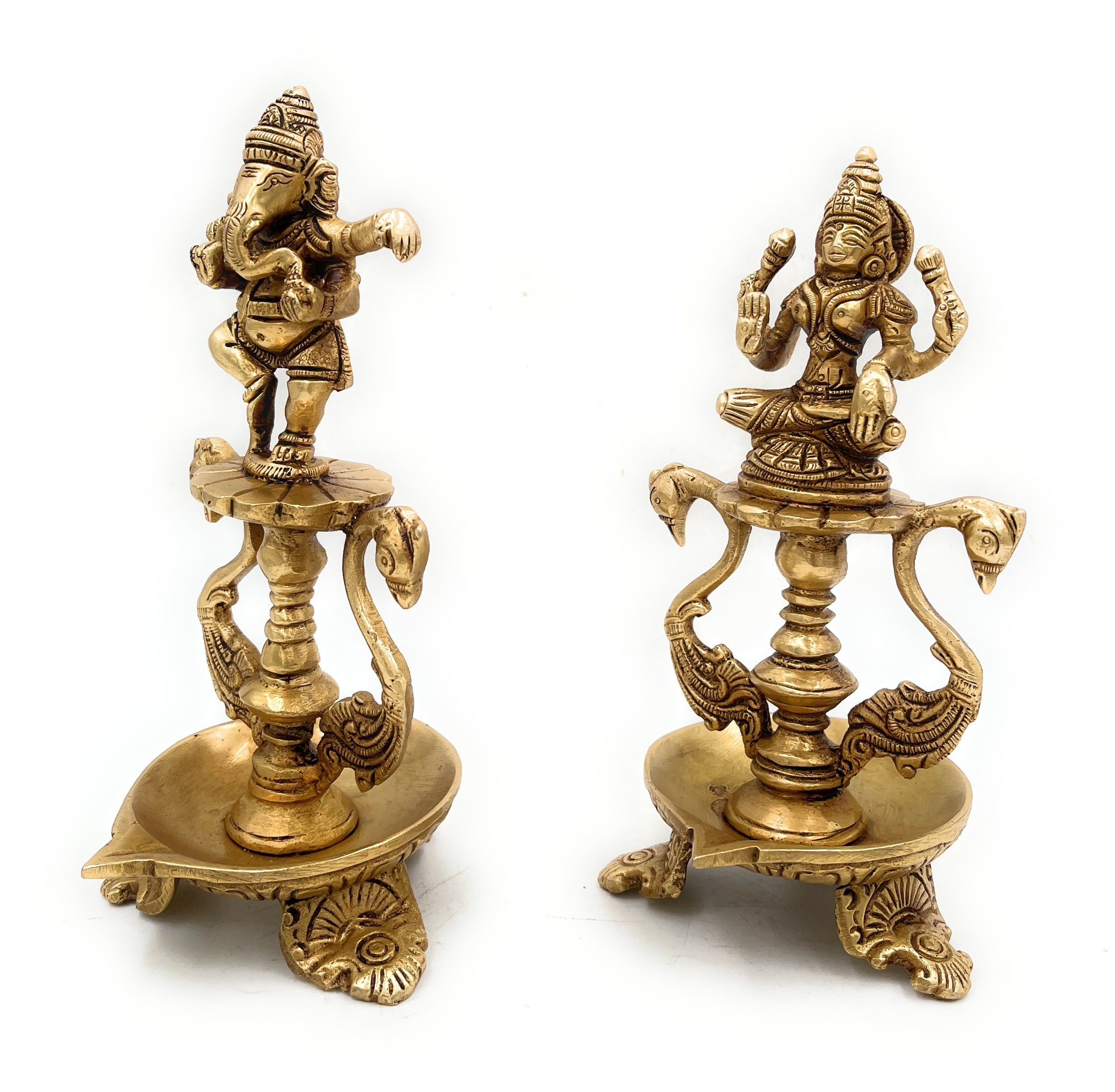 Bhunes Brass Ganesh Lakshmi Diya, Pooja Ganesha Laxmi Lamp, Deep, Deepam, Lamps For Home Temple Décor Set Of 2,Gold, 6.5 Inch, 1 Piece