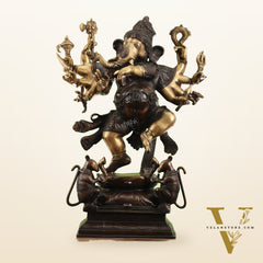 Hoysala Style Brass Dancing Ganesha Statue - 26x18x9 Inches, Antique Chola Bronze Finish