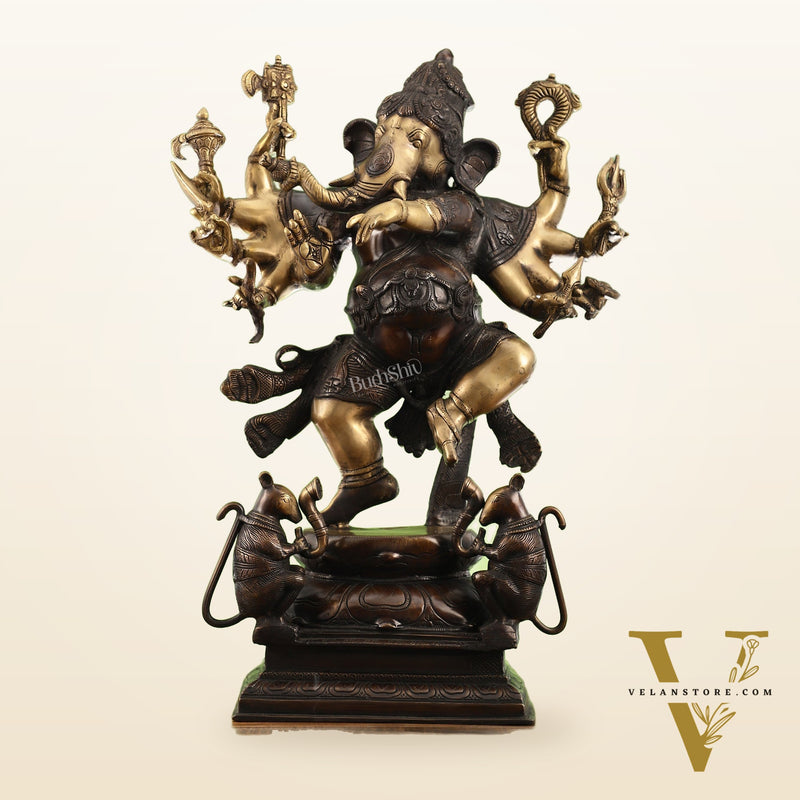 Hoysala Style Brass Dancing Ganesha Statue - 26x18x9 Inches, Antique Chola Bronze Finish