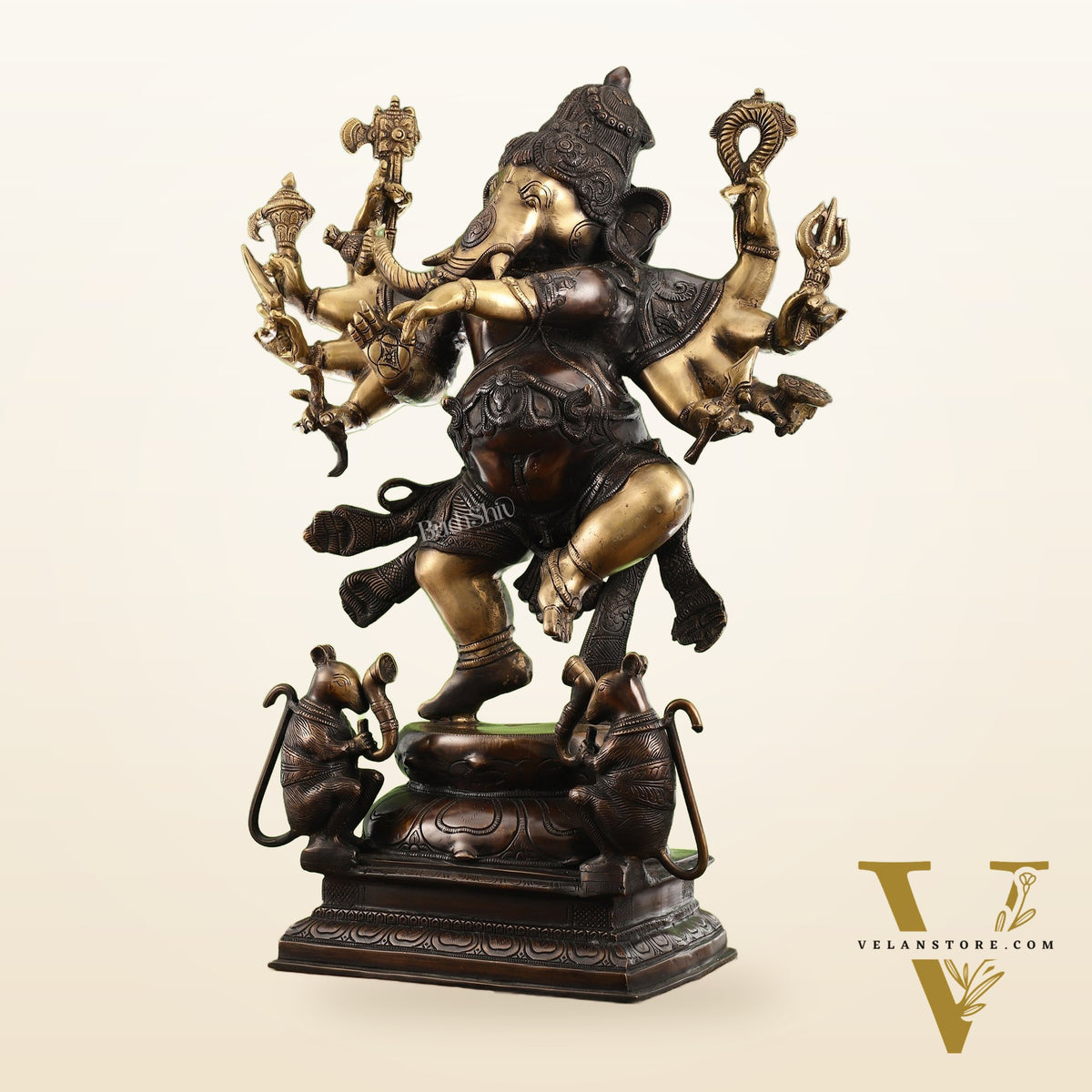 Hoysala Style Brass Dancing Ganesha Statue - 26x18x9 Inches, Antique Chola Bronze Finish