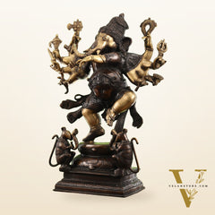 Hoysala Style Brass Dancing Ganesha Statue - 26x18x9 Inches, Antique Chola Bronze Finish