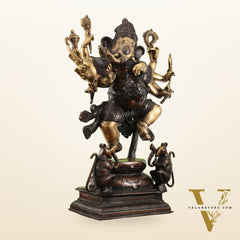 Hoysala Style Brass Dancing Ganesha Statue - 26x18x9 Inches, Antique Chola Bronze Finish