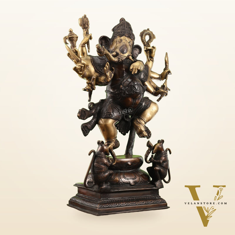 Hoysala Style Brass Dancing Ganesha Statue - 26x18x9 Inches, Antique Chola Bronze Finish