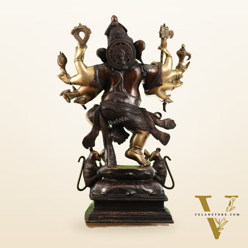 Hoysala Style Brass Dancing Ganesha Statue - 26x18x9 Inches, Antique Chola Bronze Finish
