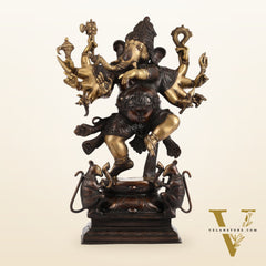 Hoysala Style Brass Dancing Ganesha Statue - 26x18x9 Inches, Antique Chola Bronze Finish