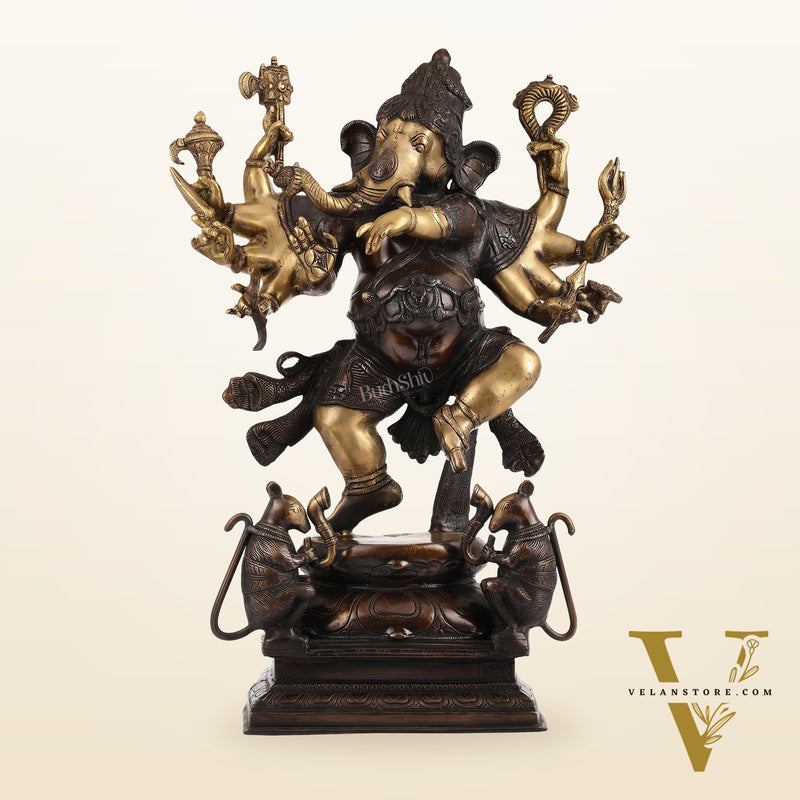 Hoysala Style Brass Dancing Ganesha Statue - 26x18x9 Inches, Antique Chola Bronze Finish
