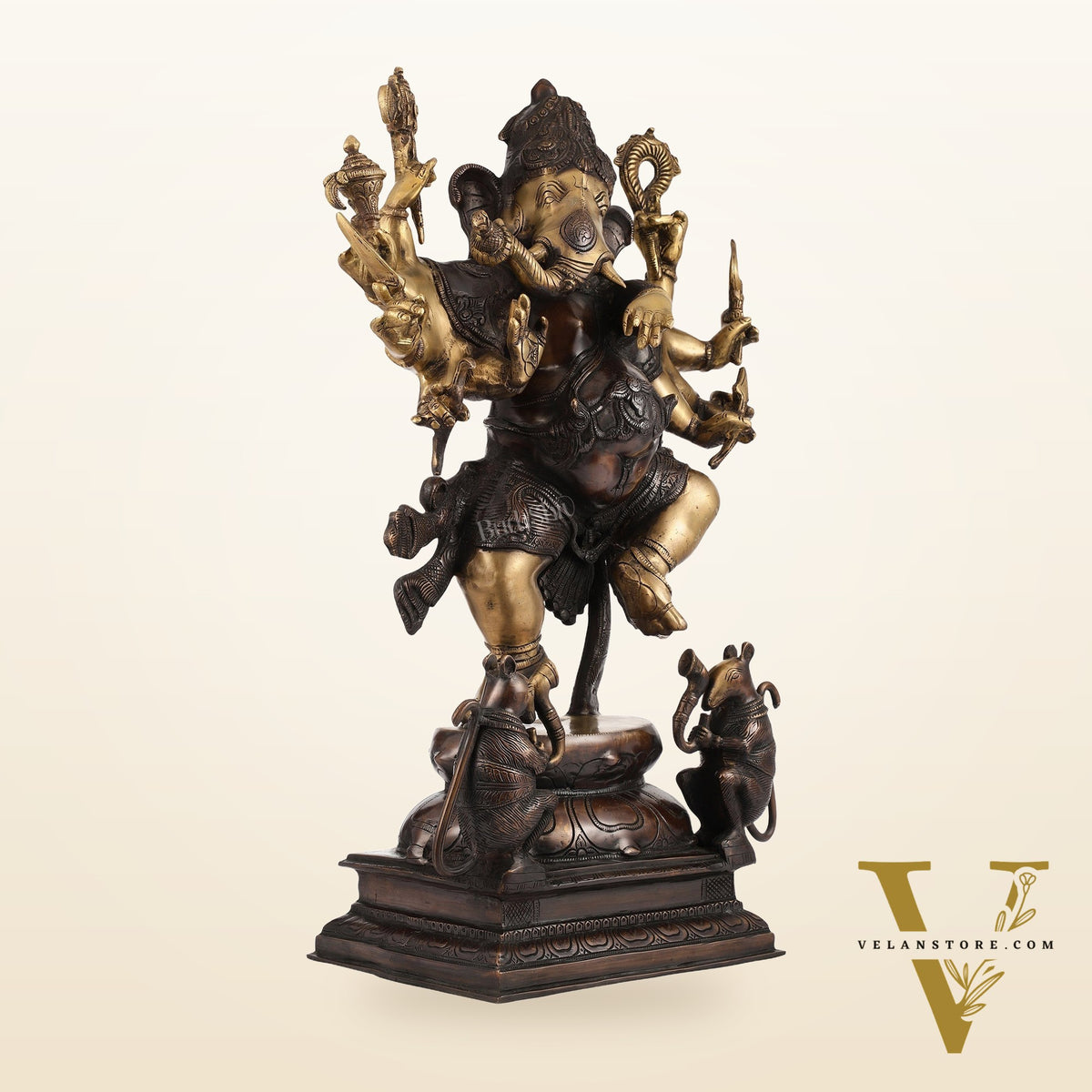 Hoysala Style Brass Dancing Ganesha Statue - 26x18x9 Inches, Antique Chola Bronze Finish