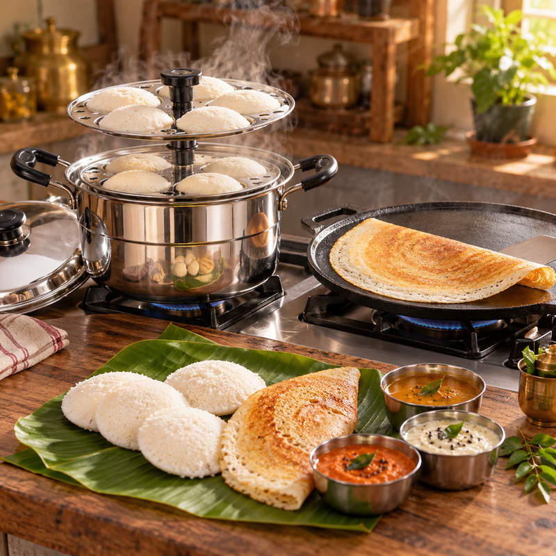 Idli–Dosa Family Pack | Praylady Alpha 10-Idli Multi Kadai + Cast Iron Dosa Tawa 30 cm-2