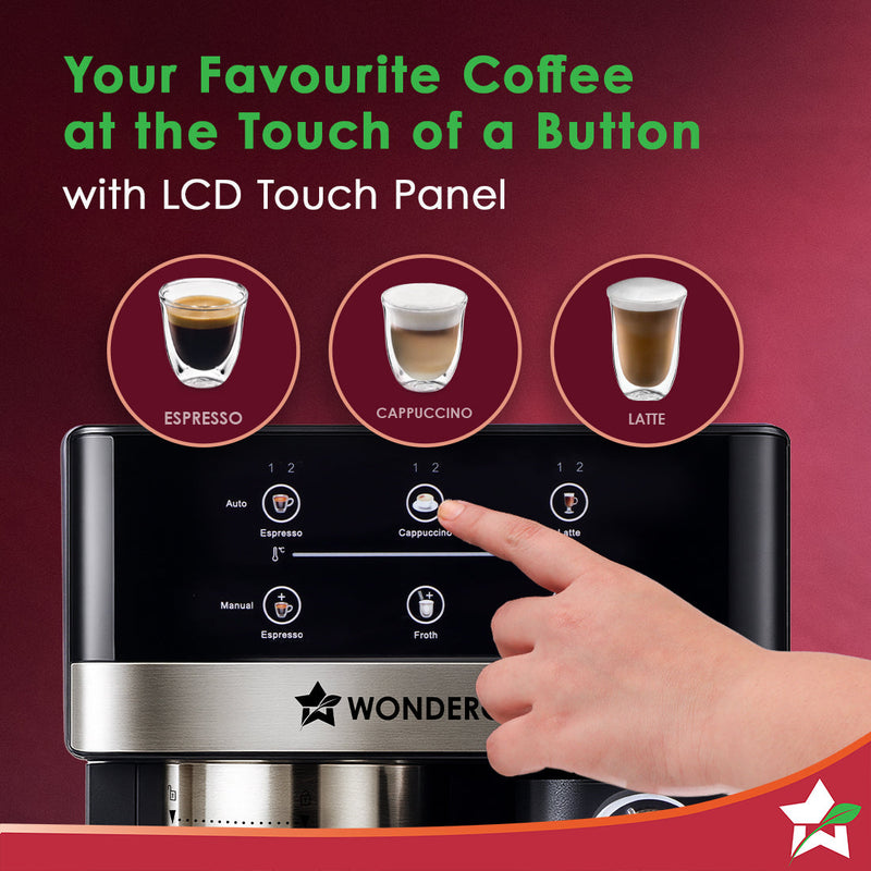 Wonderchef Regalia Automatic 20 Bar Coffee Maker with Auto Frother | Espresso, Cappuccino, Latte, Mocha | Built-in Milk 