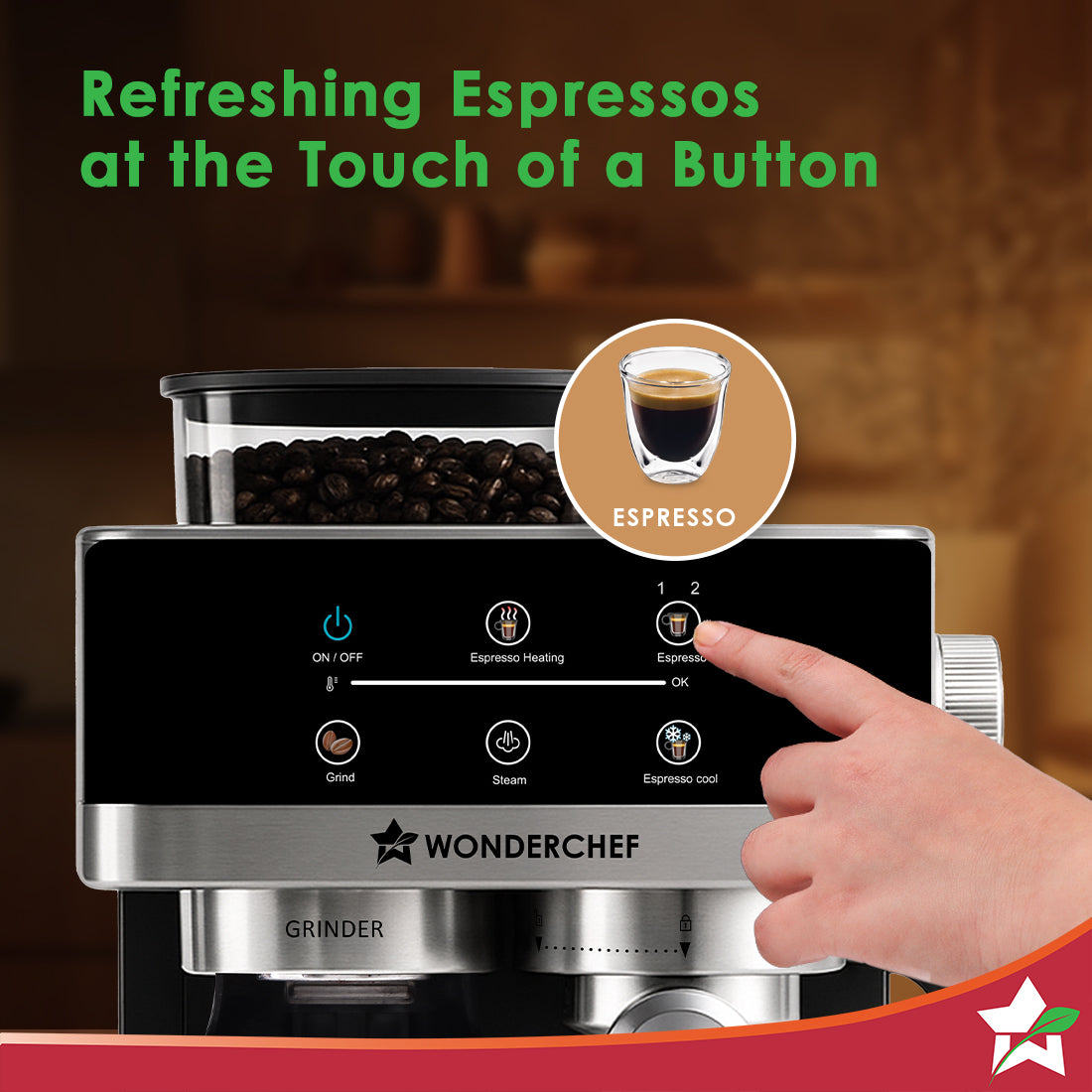 Wonderchef Regalia Bean to Cup 20 Bar Coffee Maker with Built-in Grinder | Espresso, Cappuccino, Latte, Mocha, Cold Coffee |Adjustable Grinding |Adjustable Milk Frothing Steamer | Metal Porta Filter | 2 Thermostats | 1.5L Water Tank |1200W-3