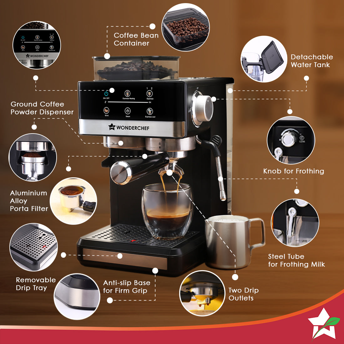 Wonderchef Regalia Bean to Cup 20 Bar Coffee Maker with Built-in Grinder | Espresso, Cappuccino, Latte, Mocha, Cold Coffee |Adjustable Grinding |Adjustable Milk Frothing Steamer | Metal Porta Filter | 2 Thermostats | 1.5L Water Tank |1200W-7