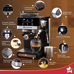 Wonderchef Regalia Bean to Cup 20 Bar Coffee Maker with Built-in Grinder | Espresso, Cappuccino, Latte, Mocha, Cold Coffee |Adjustable Grinding |Adjustable Milk Frothing Steamer | Metal Porta Filter | 2 Thermostats | 1.5L Water Tank |1200W-7