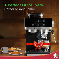 Wonderchef Regalia Bean to Cup 20 Bar Coffee Maker with Built-in Grinder | Espresso, Cappuccino, Latte, Mocha, Cold Coffee |Adjustable Grinding |Adjustable Milk Frothing Steamer | Metal Porta Filter | 2 Thermostats | 1.5L Water Tank |1200W-10