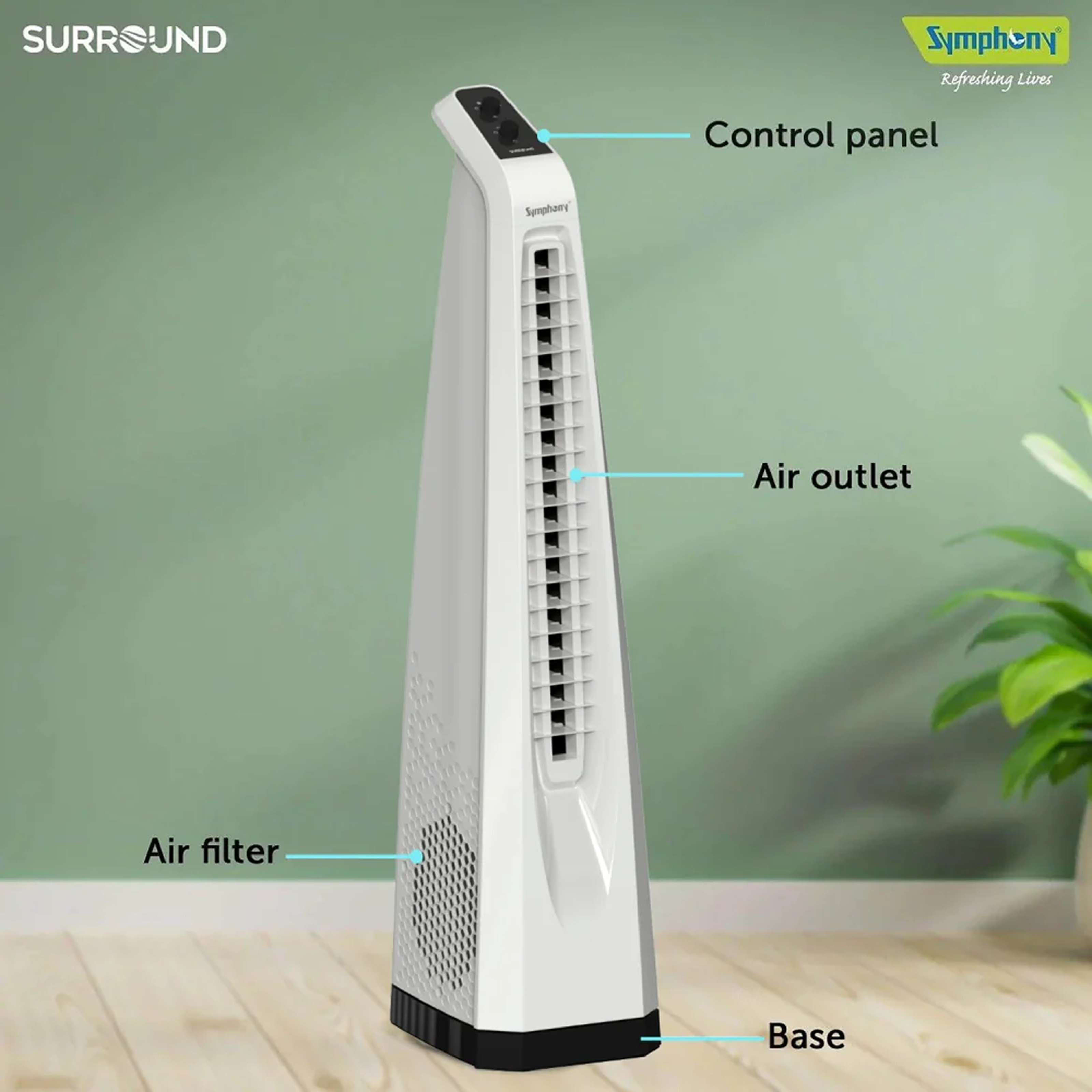 Surround White | Tower Fan | Knob Control | Bladeless Turbo ThrowTM (BLTT) Technology