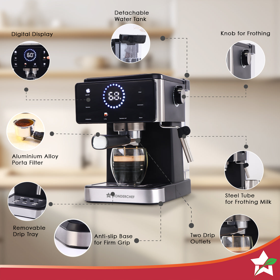 Wonderchef Rinaldi Espresso 20 bar Coffee Maker with Temperature Gauge | Espresso, Cappuccino, Latte, Mocha, Cold Coffee