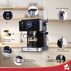 Wonderchef Rinaldi Espresso 20 bar Coffee Maker with Temperature Gauge | Espresso, Cappuccino, Latte, Mocha, Cold Coffee