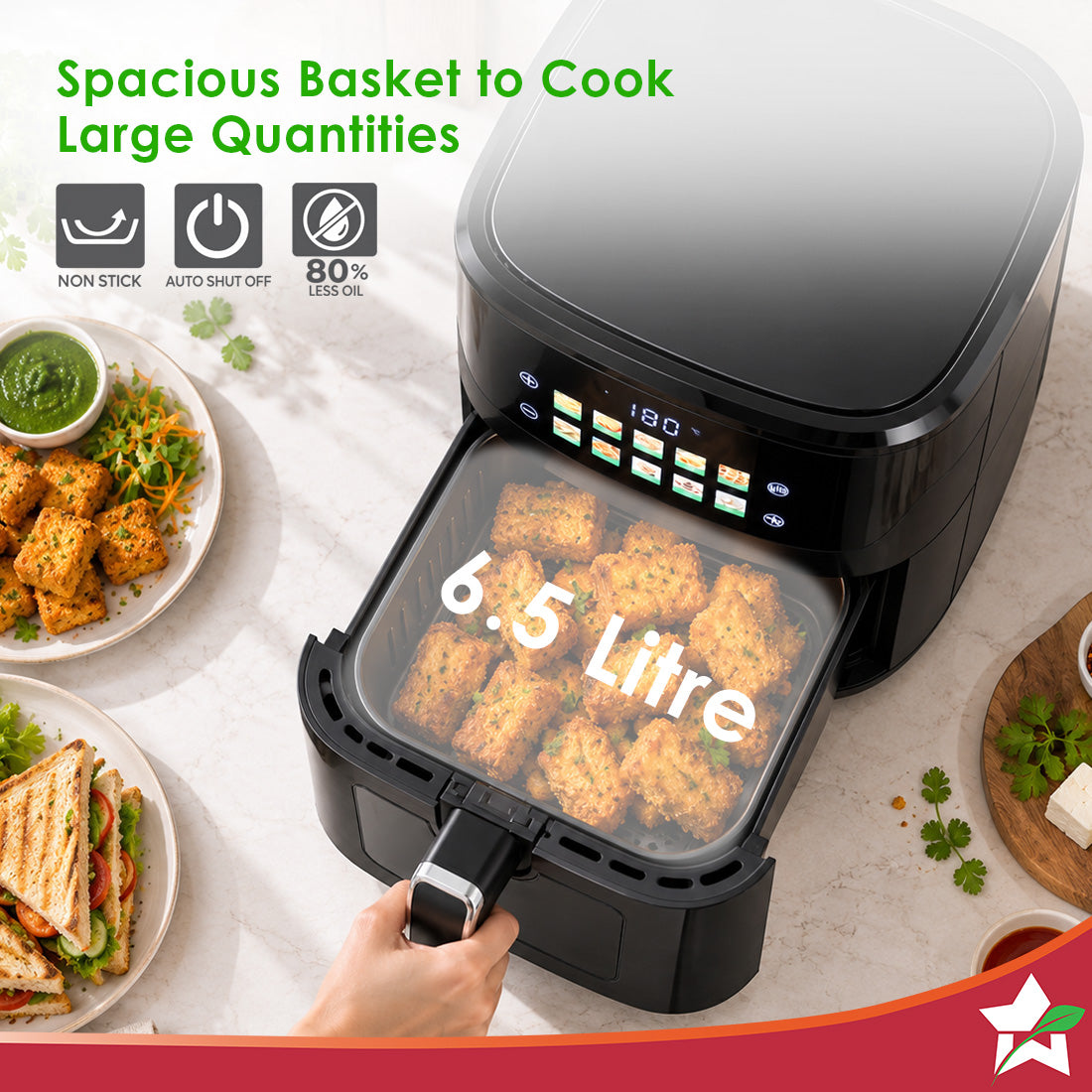 Wonderchef Greenlife Air Fryer with Veg-only Menu and Ceramic-coated Basket, 6.5 L, 1600W, Rapid Hot Air Technology, 10 