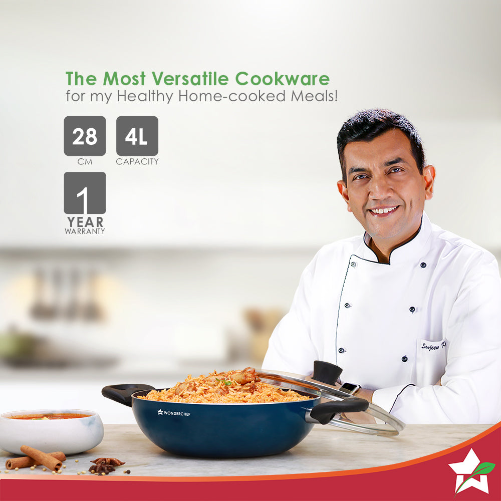 Wonderchef Blueberry Non-Stick Kadhai with Glass Lid, 28 cm, Non-toxic, Chemical & PFOA Free, Pure-grade Aluminium, Cook