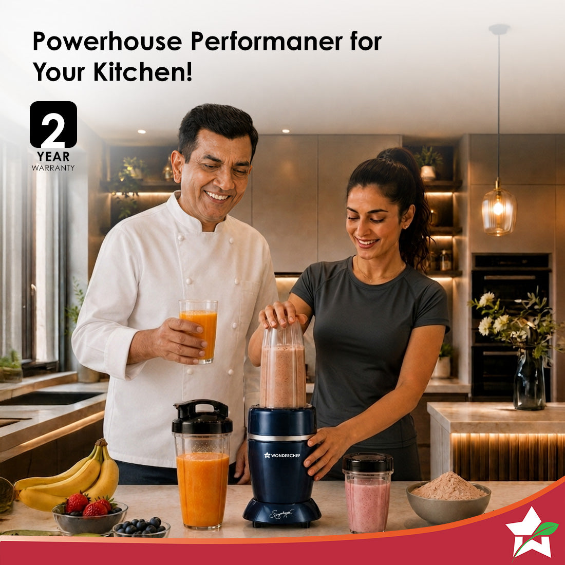 Wonderchef Nutri-blend Storm 1000W Mixer Grinder Smoothie Maker, 100% Copper Motor, 6-wing Stainless-steel Blades, 3 Jar