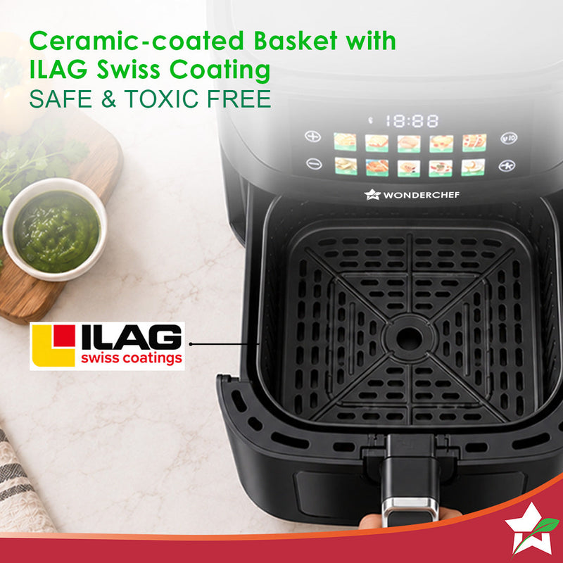 Wonderchef Greenlife Air Fryer with Veg-only Menu and Ceramic-coated Basket, 6.5 L, 1600W, Rapid Hot Air Technology, 10 
