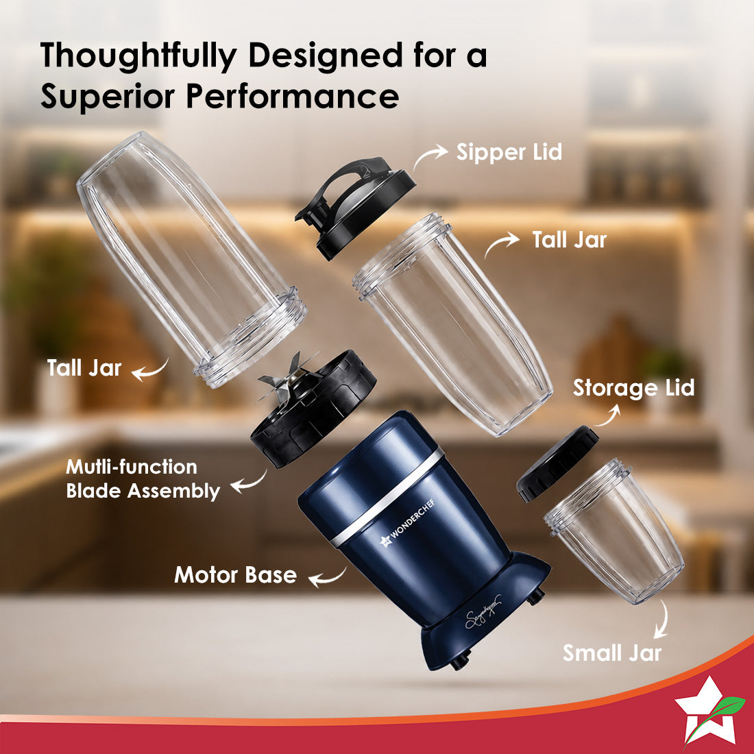 Wonderchef Nutri-blend Storm 1000W Mixer Grinder Smoothie Maker, 100% Copper Motor, 6-wing Stainless-steel Blades, 3 Jar