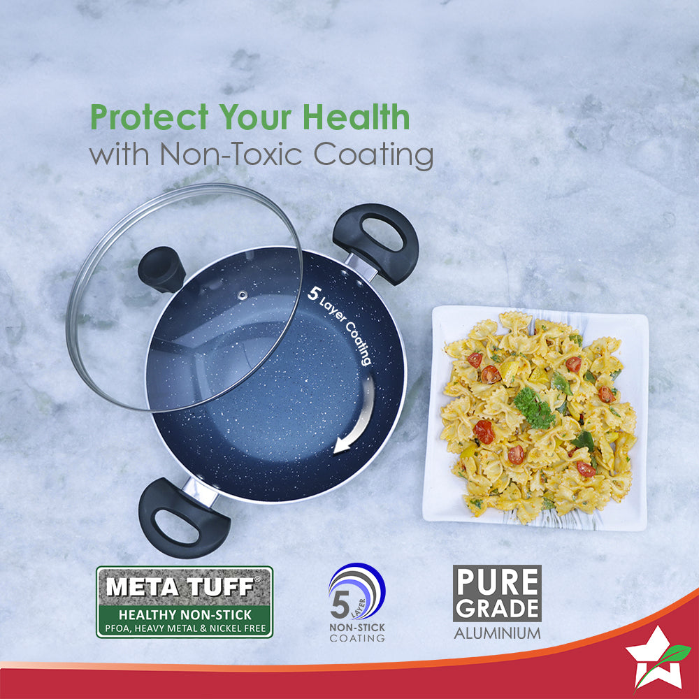 Wonderchef Blueberry Non-Stick Kadhai with Glass Lid, 28 cm, Non-toxic, Chemical & PFOA Free, Pure-grade Aluminium, Cook
