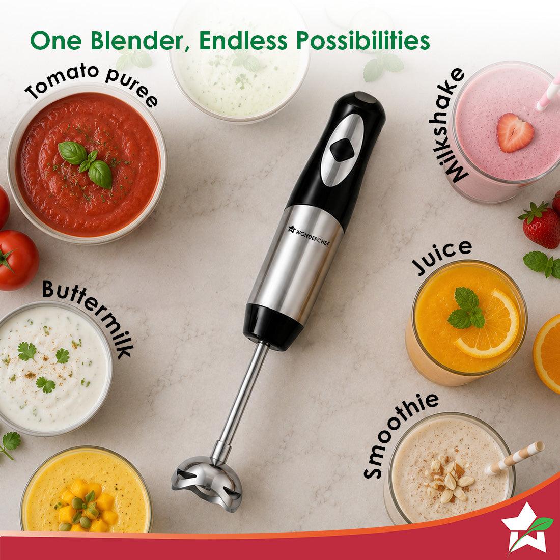 Wonderchef Inox Stainless-steel Hand Blender for Kitchen, 300W Motor, Blend Soups, Vegetables, Baby Food, Buttermilk, Si