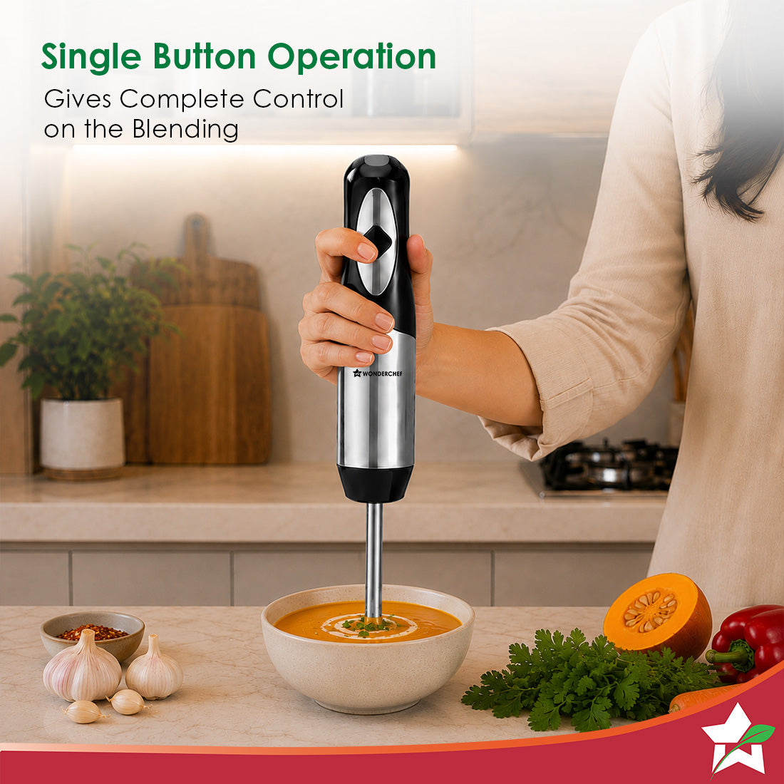 Wonderchef Inox Stainless-steel Hand Blender for Kitchen, 300W Motor, Blend Soups, Vegetables, Baby Food, Buttermilk, Si