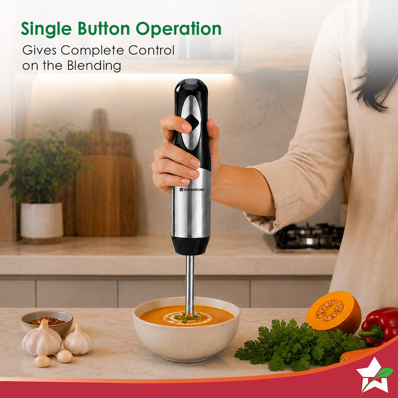 Wonderchef Inox Stainless-steel Hand Blender for Kitchen, 300W Motor, Blend Soups, Vegetables, Baby Food, Buttermilk, Si