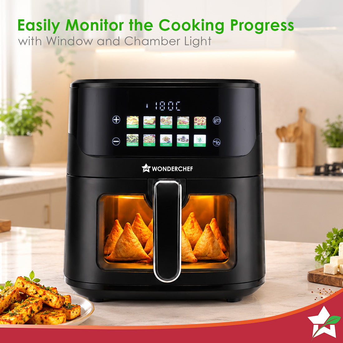 Wonderchef Greenlife Air Fryer with Veg-only Menu and Ceramic-coated Basket, 6.5 L, 1600W, Rapid Hot Air Technology, 10 