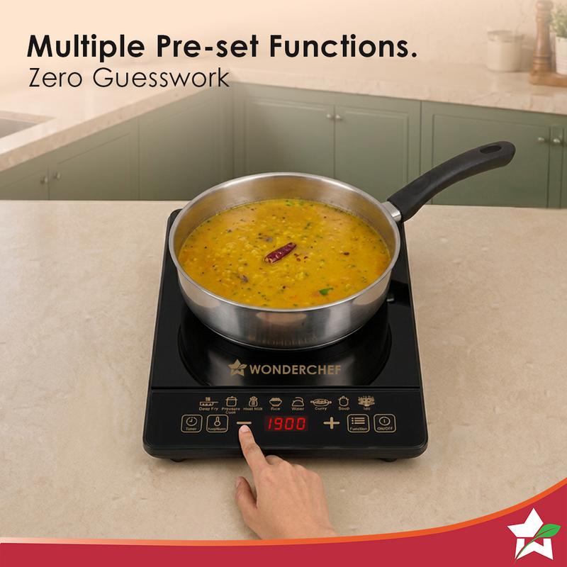 Wonderchef Evita Induction Electric Cooktop with Crystal Glass for Kitchens, 1900W, 8 Pre-set Functions, Keep Warm, Soft