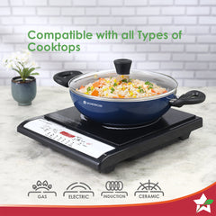 Wonderchef Blueberry Non-Stick Kadhai with Glass Lid, 28 cm, Non-toxic, Chemical & PFOA Free, Pure-grade Aluminium, Cook