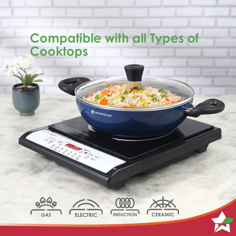 Wonderchef Blueberry Non-Stick Kadhai with Glass Lid, 28 cm, Non-toxic, Chemical & PFOA Free, Pure-grade Aluminium, Cook