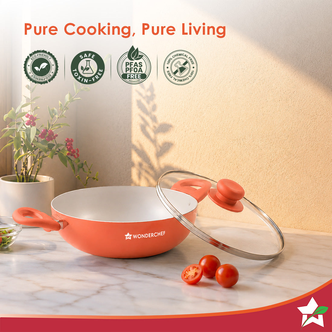 Wonderchef Natura Ceramic Kadhai & Glass Lid for Cooking, 24cm, 2.5L, Non-toxic Chemical-free Coating, PFOA/PFAS-Free, F