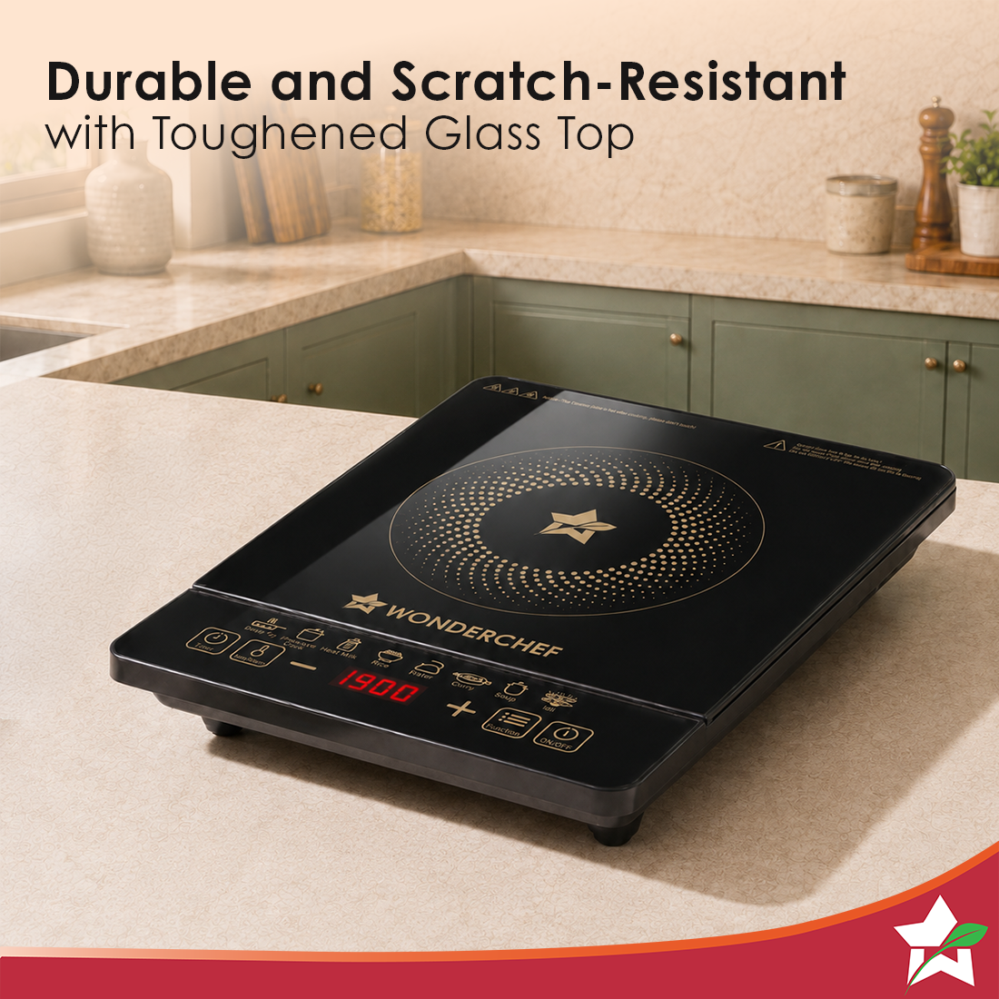 Wonderchef Evita Induction Electric Cooktop with Crystal Glass for Kitchens, 1900W, 8 Pre-set Functions, Keep Warm, Soft