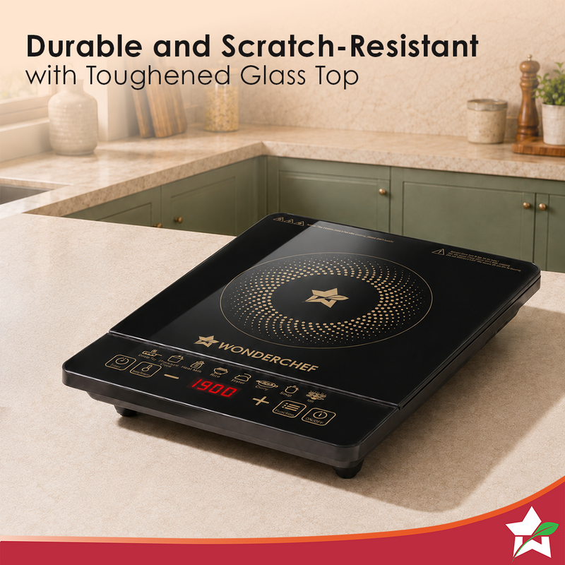 Wonderchef Evita Induction Electric Cooktop with Crystal Glass for Kitchens, 1900W, 8 Pre-set Functions, Keep Warm, Soft