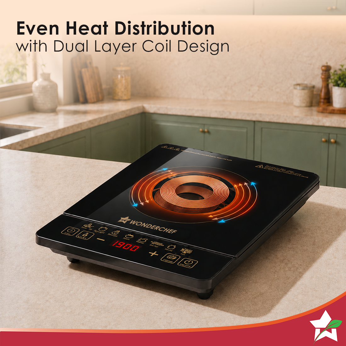 Wonderchef Evita Induction Electric Cooktop with Crystal Glass for Kitchens, 1900W, 8 Pre-set Functions, Keep Warm, Soft