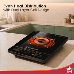 Wonderchef Evita Induction Electric Cooktop with Crystal Glass for Kitchens, 1900W, 8 Pre-set Functions, Keep Warm, Soft